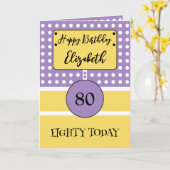 Fijne verjaardag 80 vandaag paarse gele pokstippen kaart (Gele Bloem)