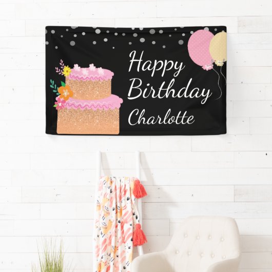 Fijne verjaardag Birthday Cake and Balloons Spandoek (Insitu)