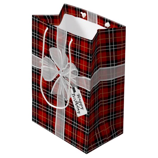 Fijne verjaardag Bow op Tartan Pset Medium Cadeauzakje (Voorkant Gekanteld)