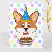 Fijne verjaardag Corgi Cartoon Kaart (Gele Bloem)