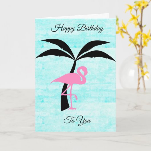 Fijne Verjaardag Flamingo en Palm Tree Kaart (Gele Bloem)