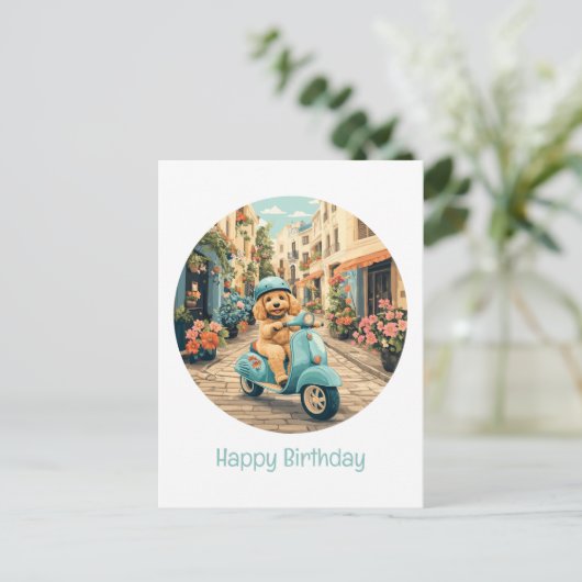 Fijne verjaardag Goldendoodle-hond rijdt op een sc Briefkaart (Staand voorkant)