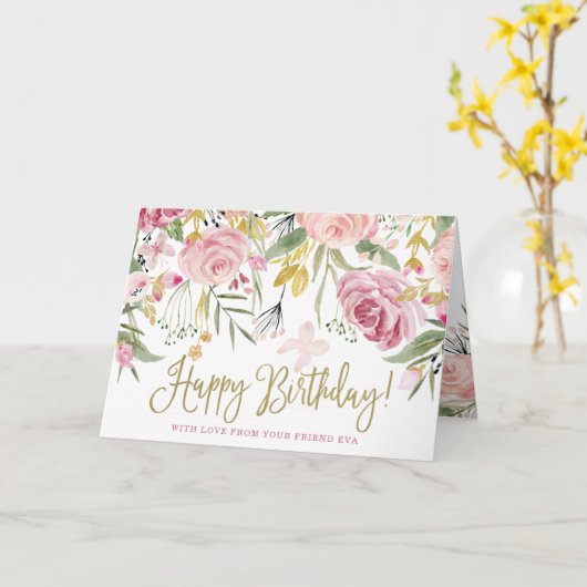 Fijne verjaardag| Goud en Blush roze bloemen Kaart (Gele Bloem)