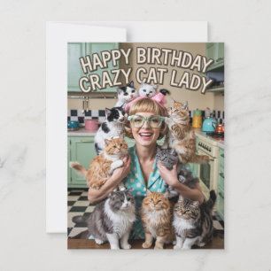 Fijne verjaardag grappige retro gekke kattenvrouw briefkaart
