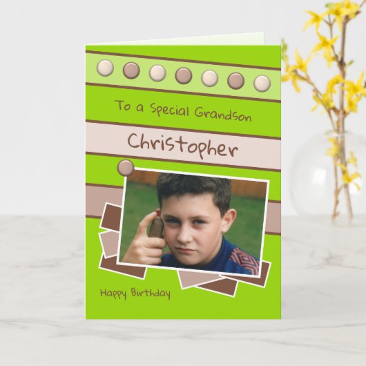 Fijne verjaardag Grootzoon groen en bruine foto Kaart (Gele Bloem)