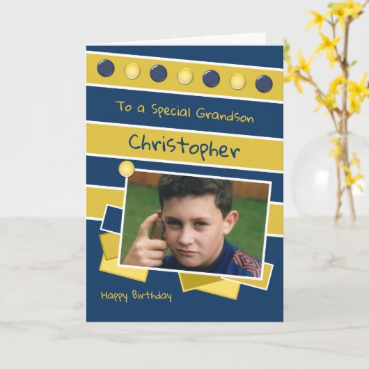 Fijne verjaardag Grootzoon marine en gouden foto Kaart (Gele Bloem)