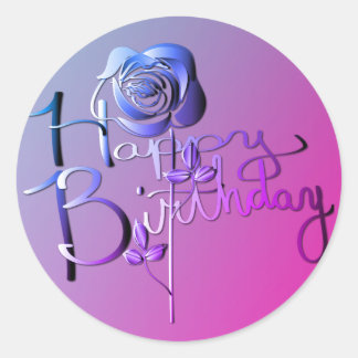 "Fijne verjaardag!" Handgeschreven blauw 3D Roos Ronde Sticker