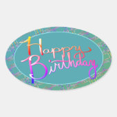 "Fijne verjaardag!" Handgeschreven gradiëntregenbo Ovale Sticker (Voorkant)