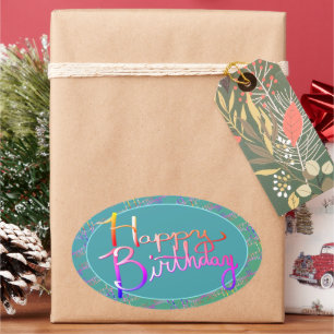 "Fijne verjaardag!" Handgeschreven gradiëntregenbo Ovale Sticker