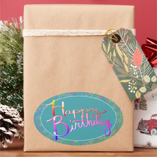 "Fijne verjaardag!" Handgeschreven gradiëntregenbo Ovale Sticker (Feestdagen)