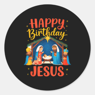 Fijne Verjaardag Jezus Christelijk Kerstmis Kribbe Ronde Sticker