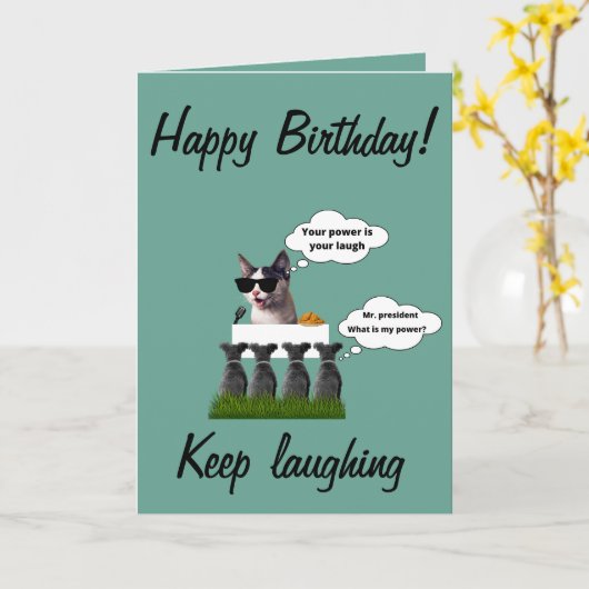 Fijne verjaardag lachende kat kaart (Gele Bloem)