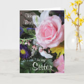 Fijne verjaardag met mijn Sister-Pink Rose boeket. Kaart (Gele Bloem)