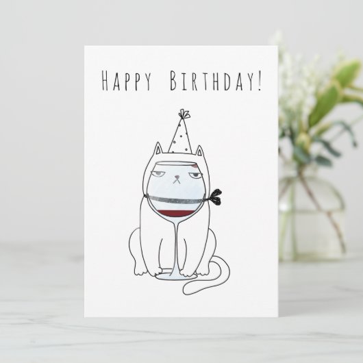 Fijne verjaardag met wijnglas. Grappig en schattig Feestdagenkaart (Staand voorkant)