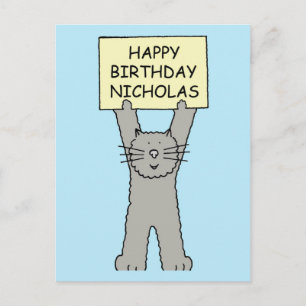 Fijne verjaardag Nicholas Cartoon Cat Briefkaart