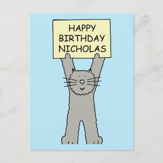 Fijne verjaardag Nicholas Cartoon Cat Briefkaart (Voorkant)