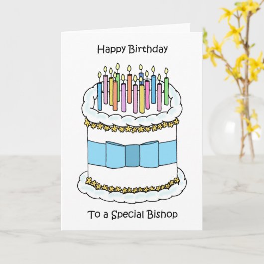 Fijne verjaardag op bisschop Cake en kaarsen Kaart (Gele Bloem)