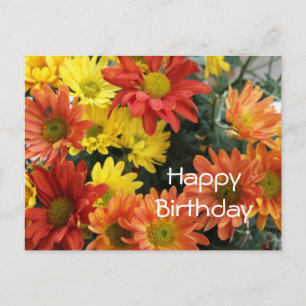 Fijne verjaardag, rode, gele en oranje dagbloem briefkaart