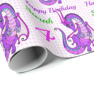 Fijne verjaardag Roze Dragon Girl's naam Cadeaupapier