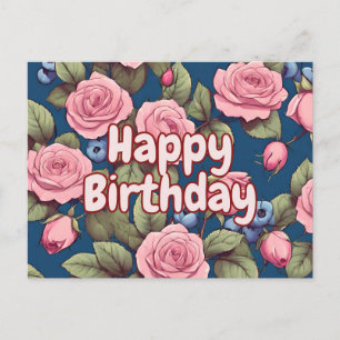 Fijne Verjaardag Roze Rozen Blauwe Bloemen Briefkaart