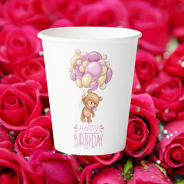 Fijne verjaardag roze teddy papieren bekers