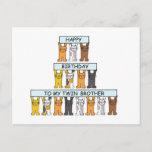 Fijne verjaardag Twin Brother Cute Cats. Briefkaart<br><div class="desc">Rijen van cartoon kittens houden pastelblauw gekleurde spandoeken omhoog die zeggen "Happy Birthday to my twin broer".</div>