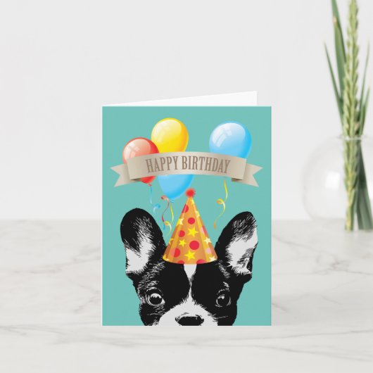 Fijne verjaardag van de Franse Bulldog & Balloons Kaart (Voorkant)