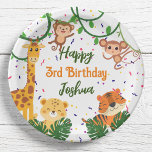 Fijne verjaardag van het oerwoud papieren bordje<br><div class="desc">Cute oerwoud Animal party happy jarig gepersonaliseerde name party borden. Leuk voor een peuterfeest met apen,  giraffe,  tijger en luipaard.</div>