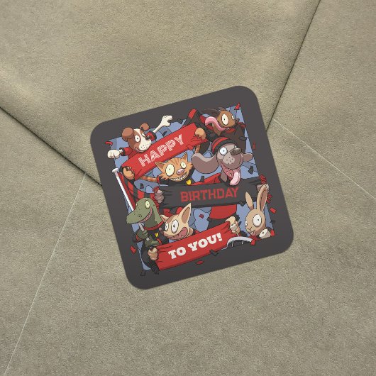 Fijne verjaardag voor alle dierenliefhebbers zwart vierkante sticker