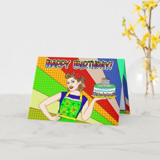 Fijne verjaardag voor hem of haar, Pop Art Retro L Kaart (Gele Bloem)