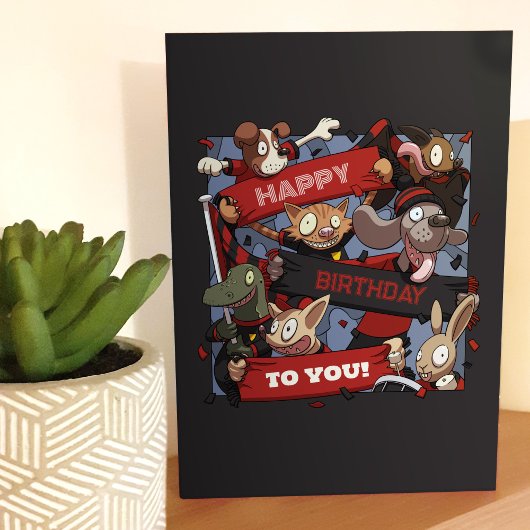 Fijne verjaardag voor je feestbeesten zwart en roo kaart