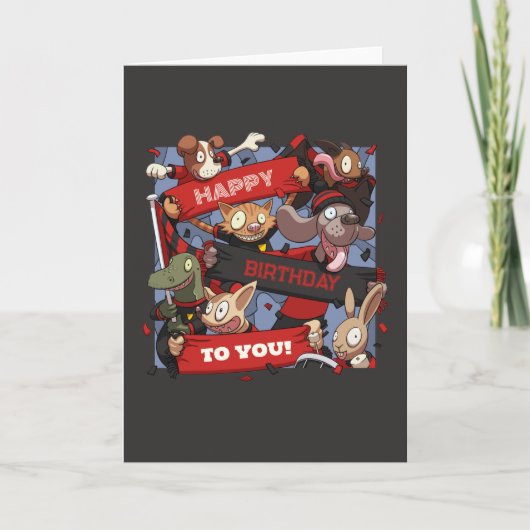 Fijne verjaardag voor je feestbeesten zwart en roo kaart (Voorkant)