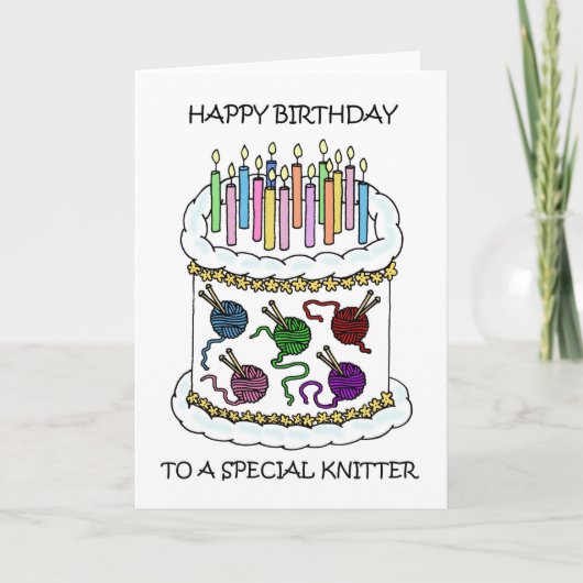 Fijne verjaardag voor Knitter, Cake en Candles. Kaart (Voorkant)