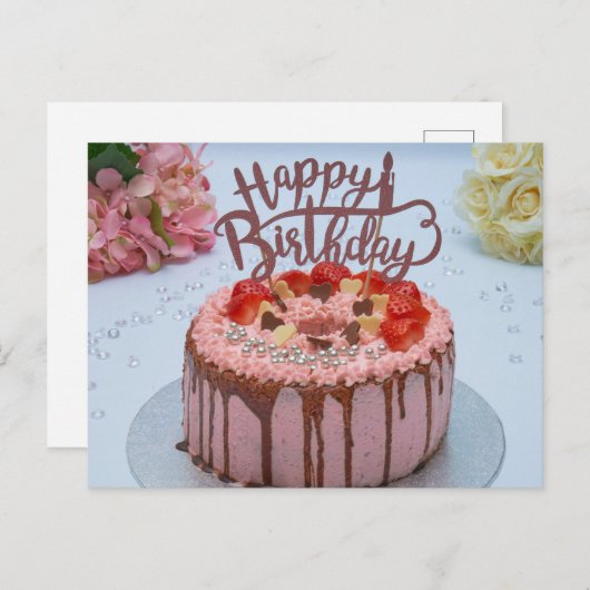 Fijne verjaardagstaart witte tafelkleed briefkaart (Voorkant / Achterkant)