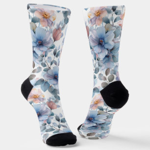 Fijne waterverf bloemenmotief in pastelkleur sokken