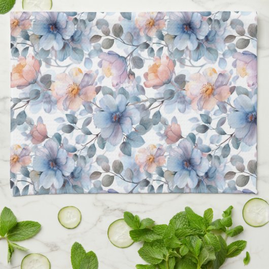 Fijne waterverf bloemenmotief in pastelkleur theedoek (Gevouwen)