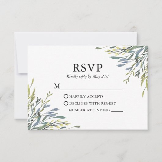 Fijne Waterverf Botanische Greenery Wedding RSVP Kaartje (Voorkant)