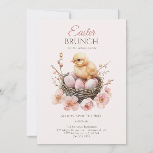 Fijne Waterverf Easter Nest Egg & Chick Brunch Kaart (Voorkant)