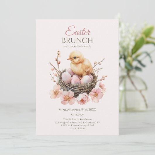 Fijne Waterverf Easter Nest Egg & Chick Brunch Kaart (Staand voorkant)