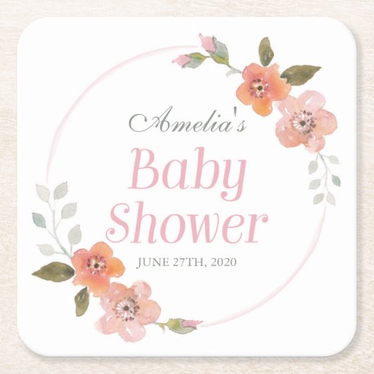 Fijne Waterverf Floral Baby shower Kartonnen Onderzetters (Voorkant)