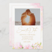 Fijne Waterverf Floral Weddng Monogram Foto Save The Date (Voorkant / Achterkant)