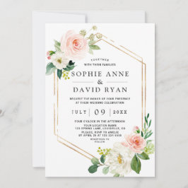 Fijne Waterverf Pink White Floral Gold Wedding Kaart