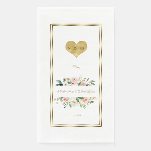 Fijne Waterverf Pink White Floral Gold Wedding Servet (Voorkant)