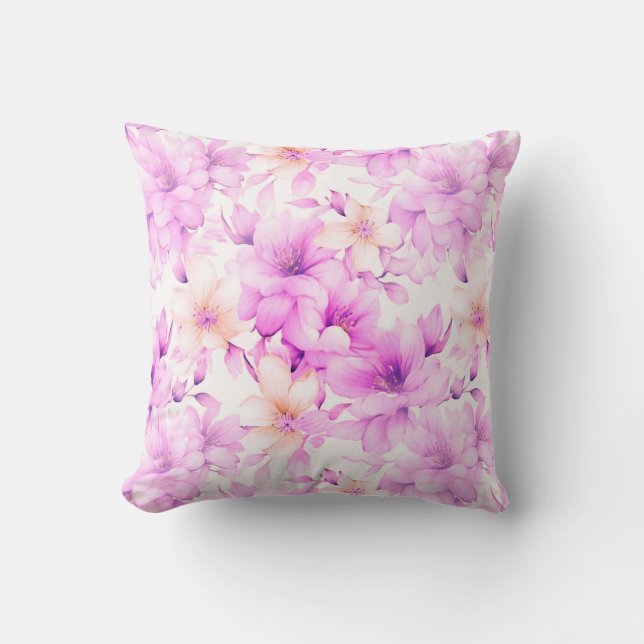 Fijne Waterverf Roze Bloemen Kussen (Voorkant)