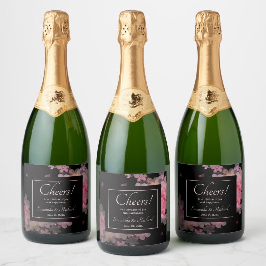 Fijne Waterverf Roze Floral Sparkling Wijnetiket (Flessen)