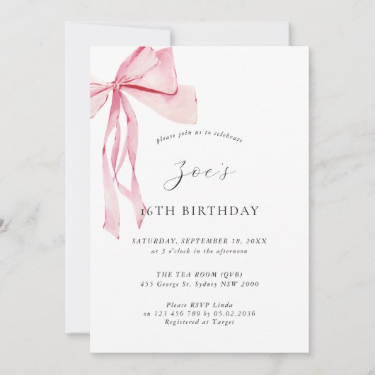 Fijne waterverf roze strik 16e verjaardag kaart (Voorkant)