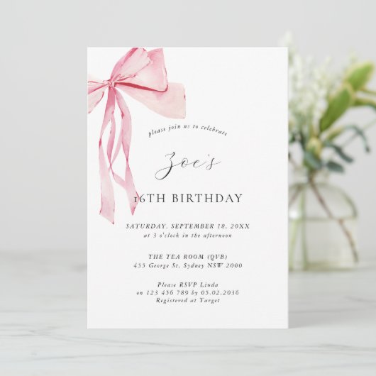 Fijne waterverf roze strik 16e verjaardag kaart (Staand voorkant)