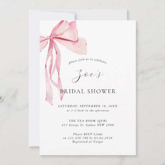 Fijne waterverf roze strik bruidsdouche kaart (Voorkant)