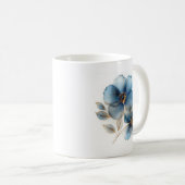 Fijne waterverf stoffige blauw- en goudbloemen koffiemok (Voorkant rechts)