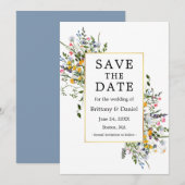 Fijne Waterverf Wildbloemen Gold Dusty Blue Save The Date (Voorkant / Achterkant)
